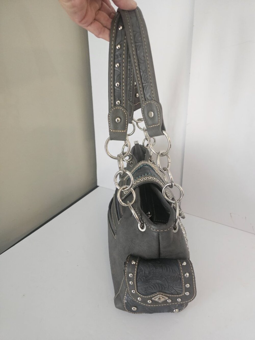 Montana West Bag Gray Western Chain Studded Bling Boho - Picture 3 of 12
